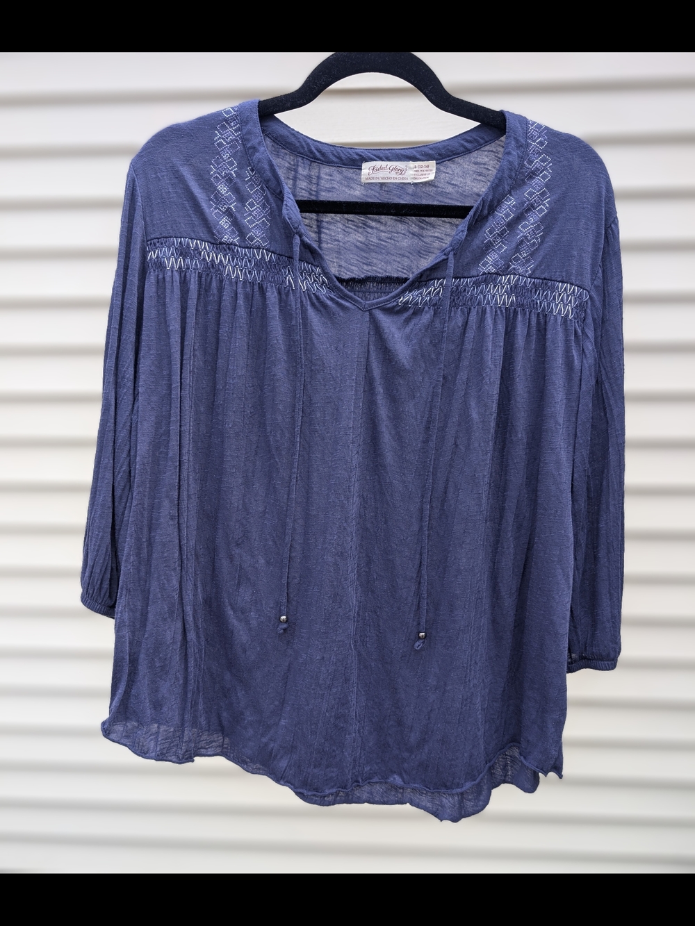 Faded Glory Indigo Peasant Top with Embroidered Yoke